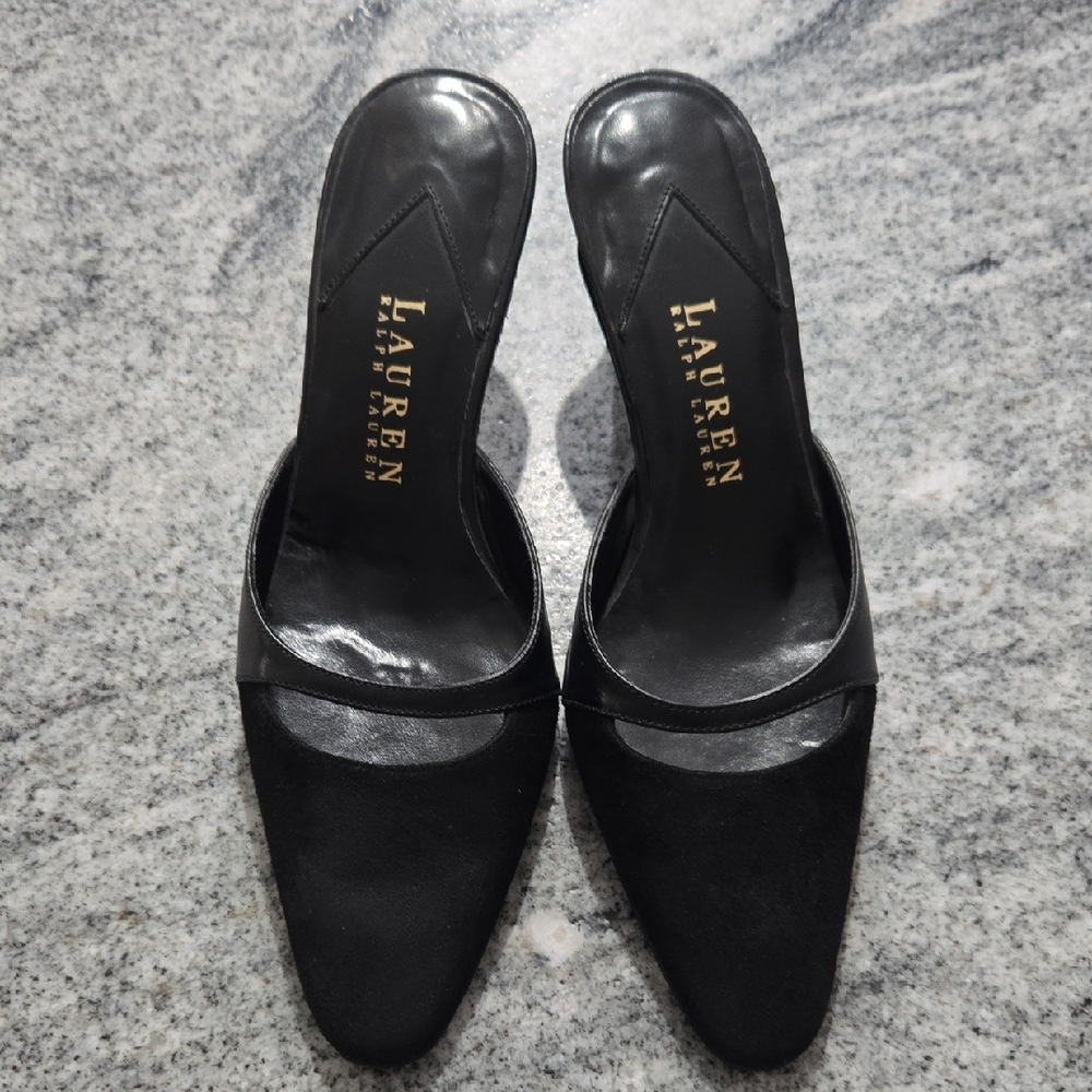 Lauren Ralph Lauren Women's 5.5 Black Suede & Leather Kitten Heel Mules - Picture 6 of 16